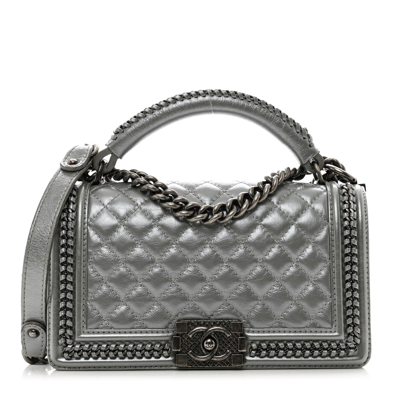 Chanel Metallic Aged Calfskin Quilted Medium Top Handle Boy Flap Silver 1 of 12
