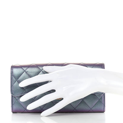 Chanel Iridescent Caviar Quilted Large Gusset Flap Wallet Dark Blue 2 of 12