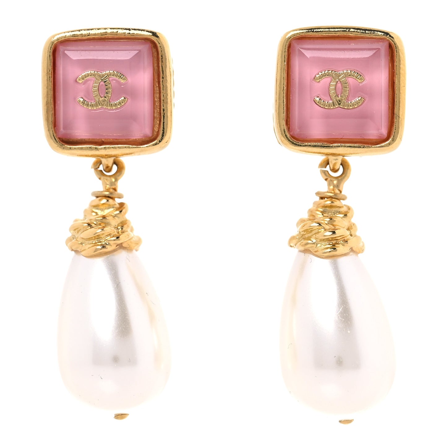 Pearl Enamel CC Square Drop Earrings Gold Pink