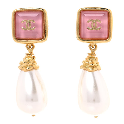 Chanel Pearl Enamel CC Square Drop Earrings Gold Pink 1 of 5