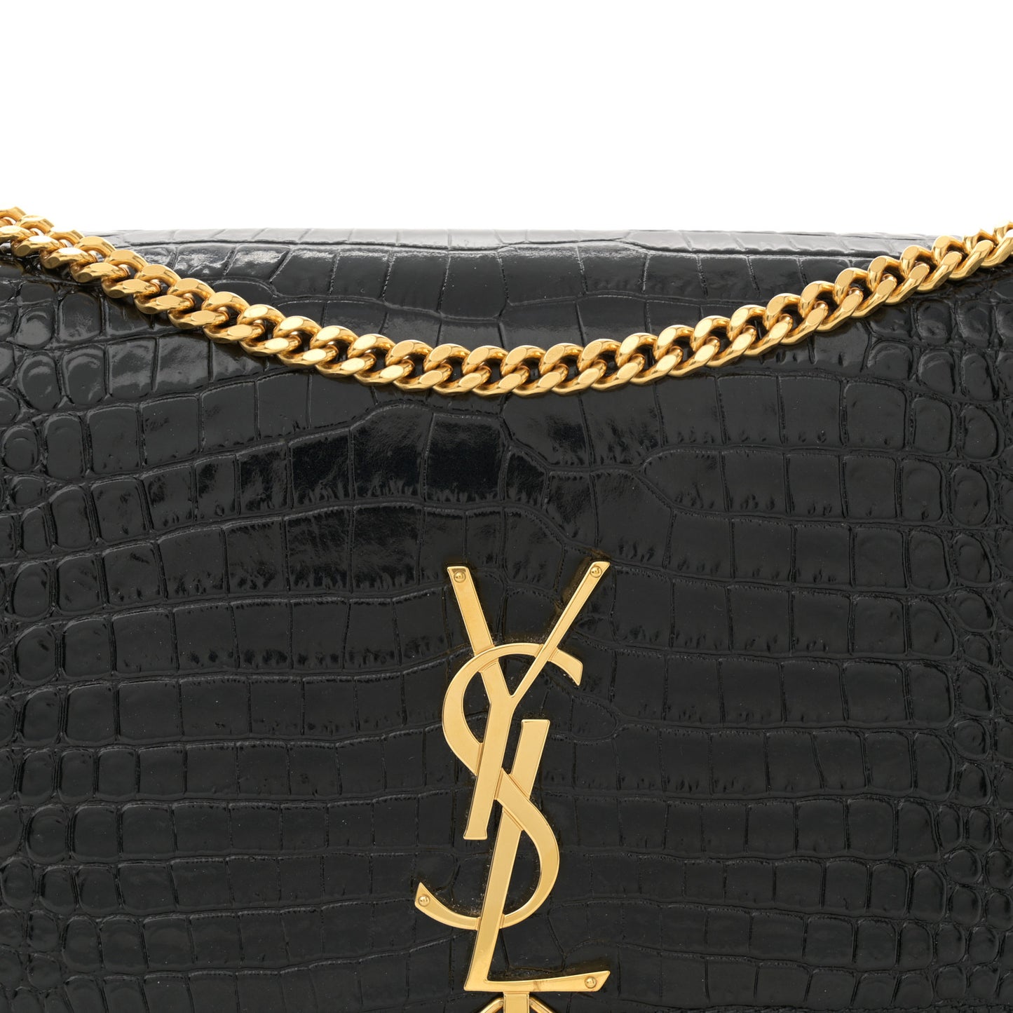 Calfskin Crocodile Embossed Medium Classic Monogram Kate Tassel Satchel Black