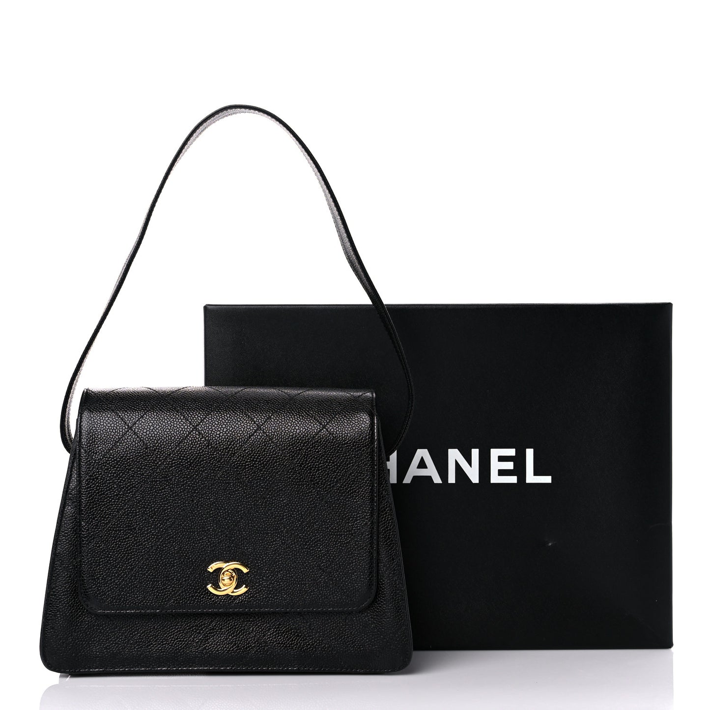 Caviar Stitched Shoulder Flap Bag Black