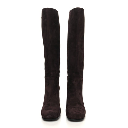 Prada Suede Metal Triangle Logo Block Heel 65mm Knee Boots 39.5 Brown 2 of 7