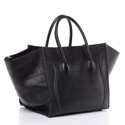 Celine Crocodile Embossed Calfskin Medium Phantom Luggage Black 3 of 11