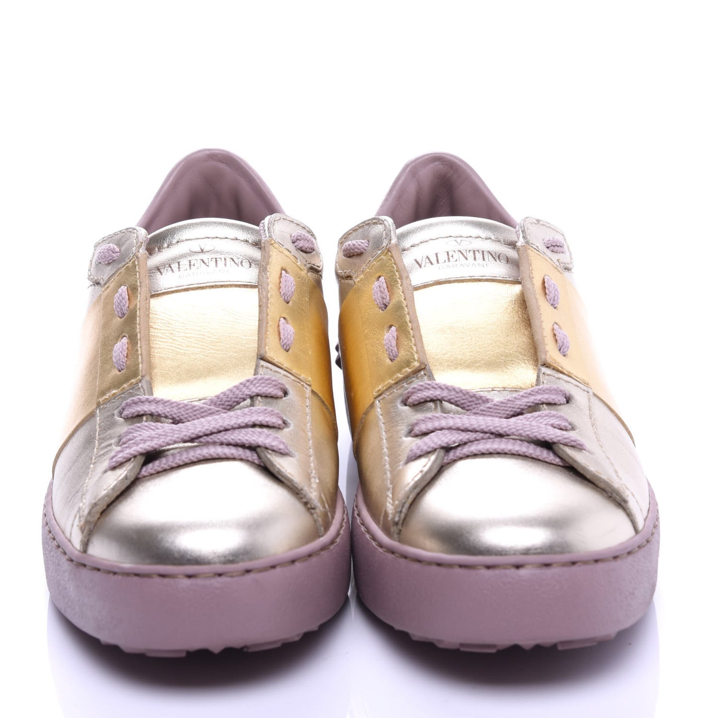 Metallic Calfskin Rockstud Open Sneakers 36.5 Silver Gold Pink
