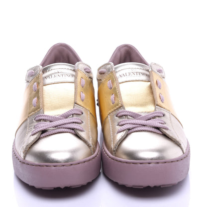 Valentino Garavani Metallic Calfskin Rockstud Open Sneakers 36.5 Silver Gold Pink 5 of 10