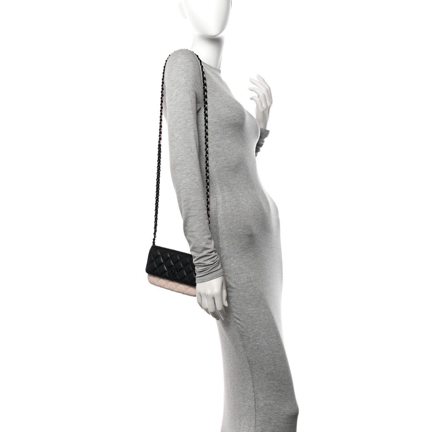 Lambskin Quilted Flap Phone Holder With Chain  Black Beige Multicolor