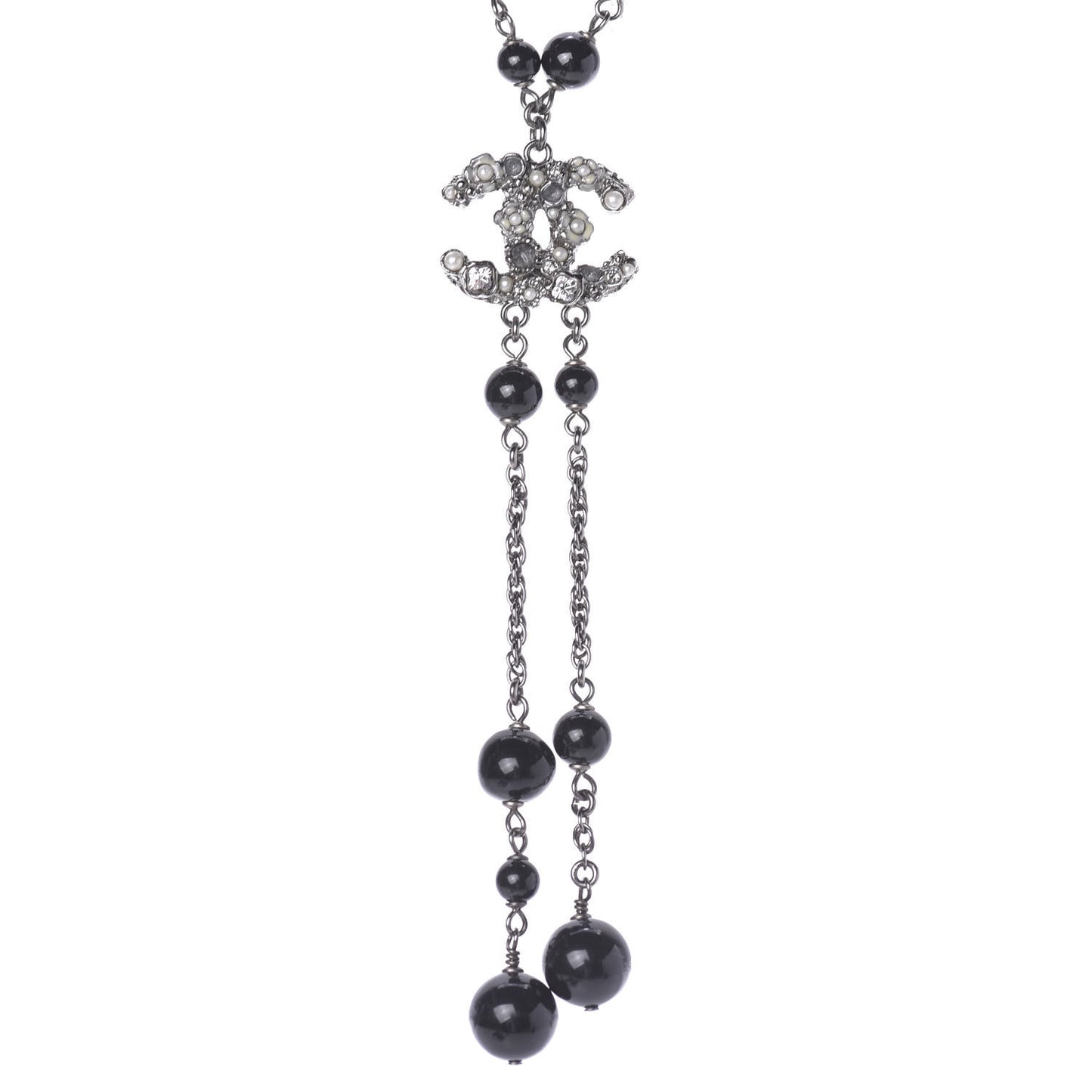 Crystal Pearl Beaded Enamel Camellia CC Pendant Necklace Silver Black