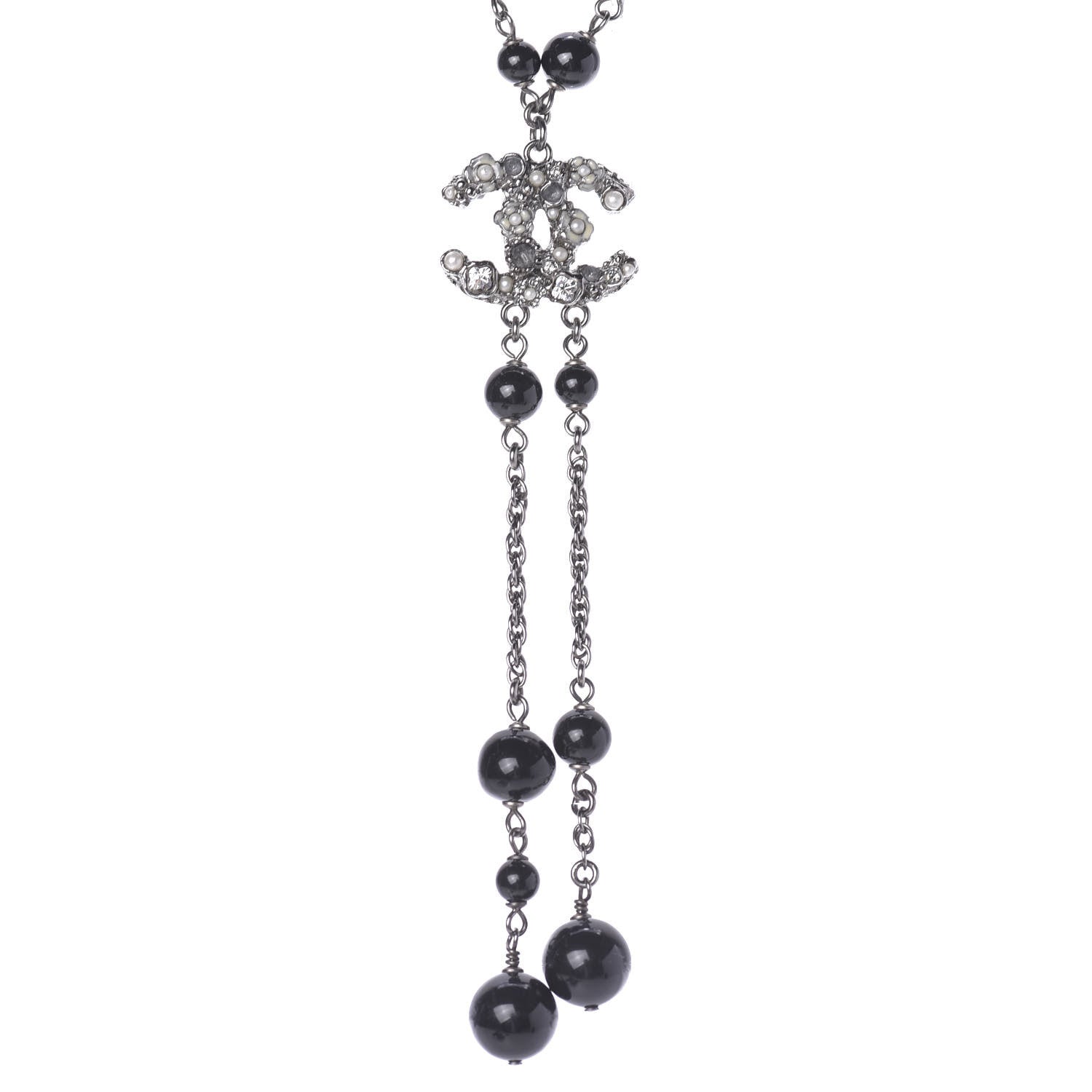 Chanel Crystal Pearl Beaded Enamel Camellia CC Pendant Necklace Silver Black 1 of 9