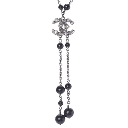 Chanel Crystal Pearl Beaded Enamel Camellia CC Pendant Necklace Silver Black 1 of 9