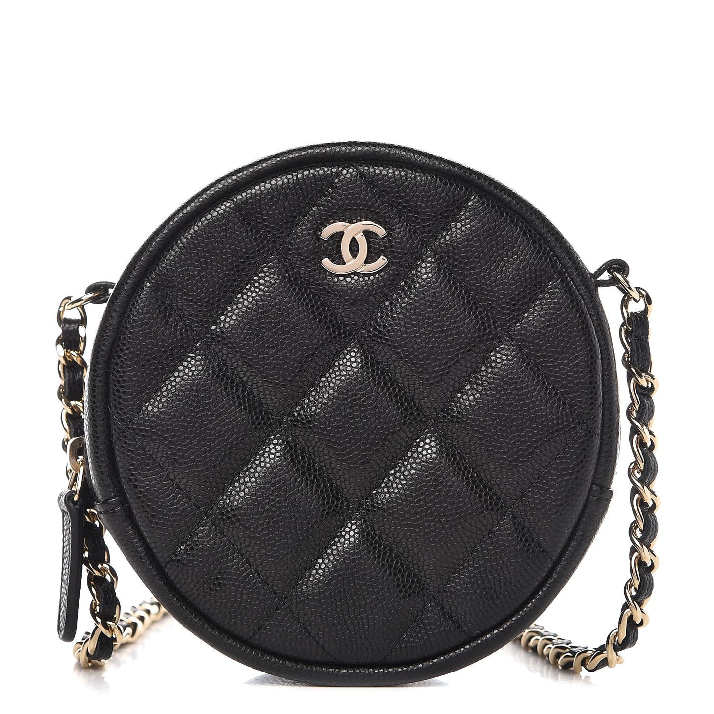 Caviar Quilted Round Clutch With Chain Black
