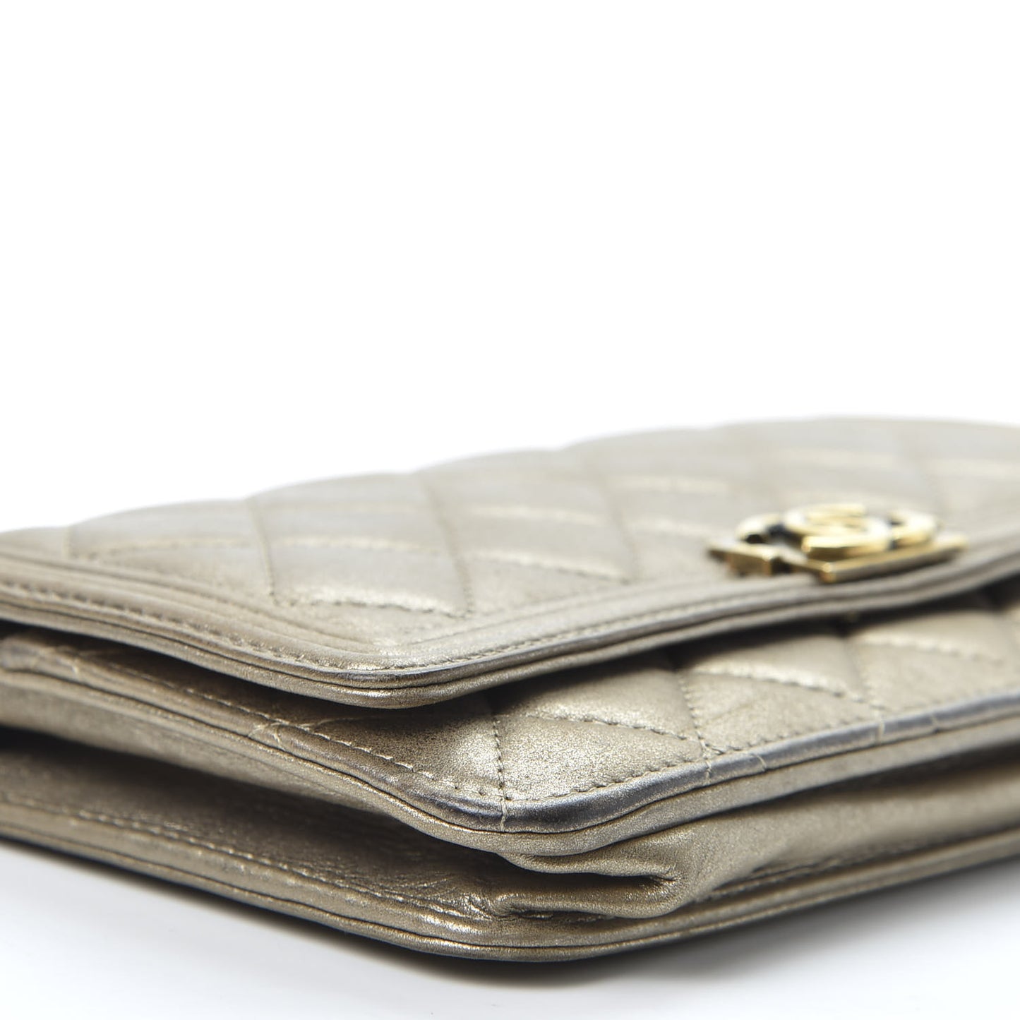 Metallic Lambskin Quilted Boy Wallet On Chain WOC Gold