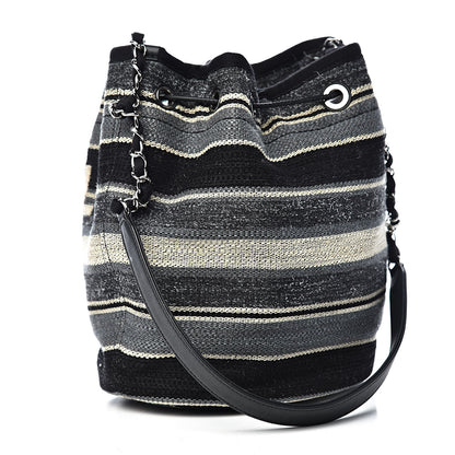 Chanel Striped Canvas Deauville Drawstring Bag Grey Black 3 of 11