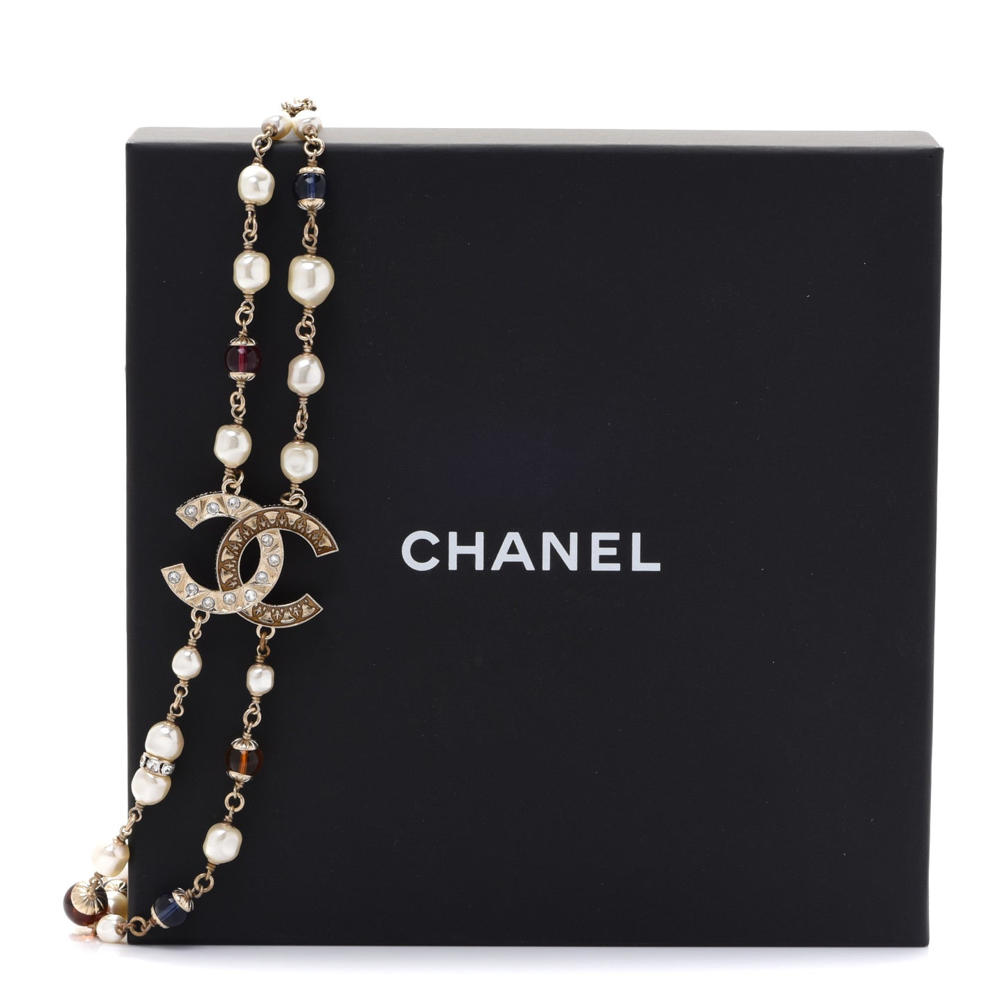 Pearl Beaded Crystal CC Long Necklace Gold Multi
