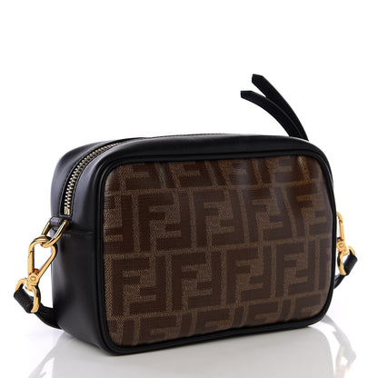 Fendi Glazed Fabric Vitello Century FF 1974 Stamp Patch Mini Camera Case Mogano Panna Black 2 of 9