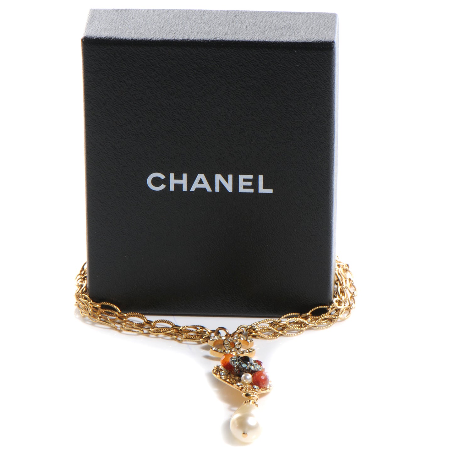 Jeweled Pearl CC Logo Drop Necklace Gold