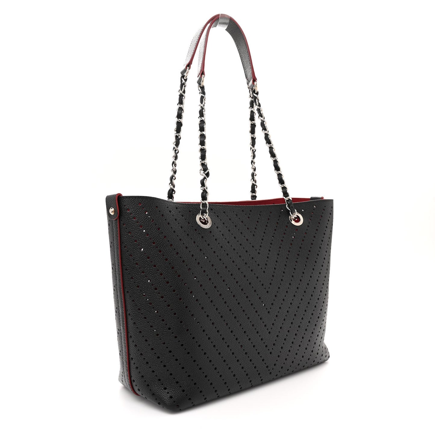 Perforated Grained Calfskin Large Shopping Tote Black