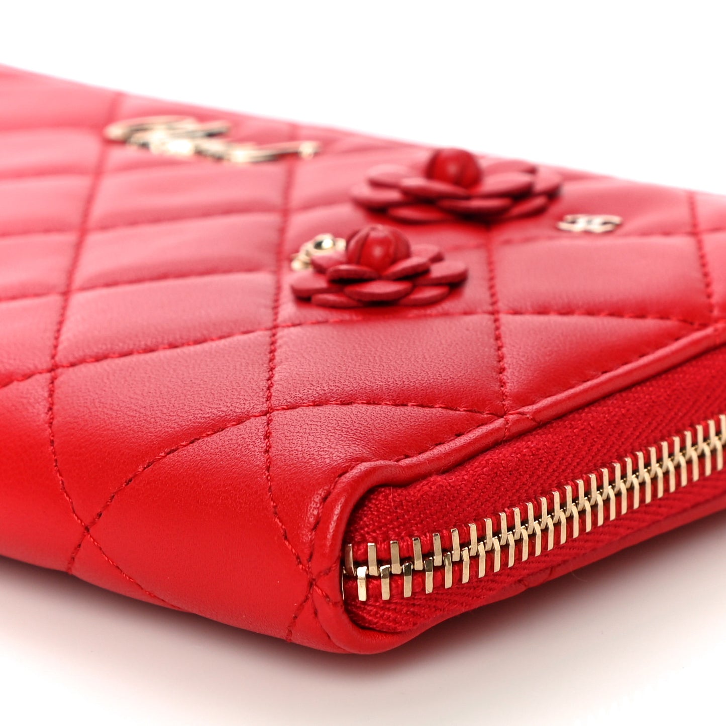 Lambskin Quilted Camellia Zip Around Wristlet Wallet Red