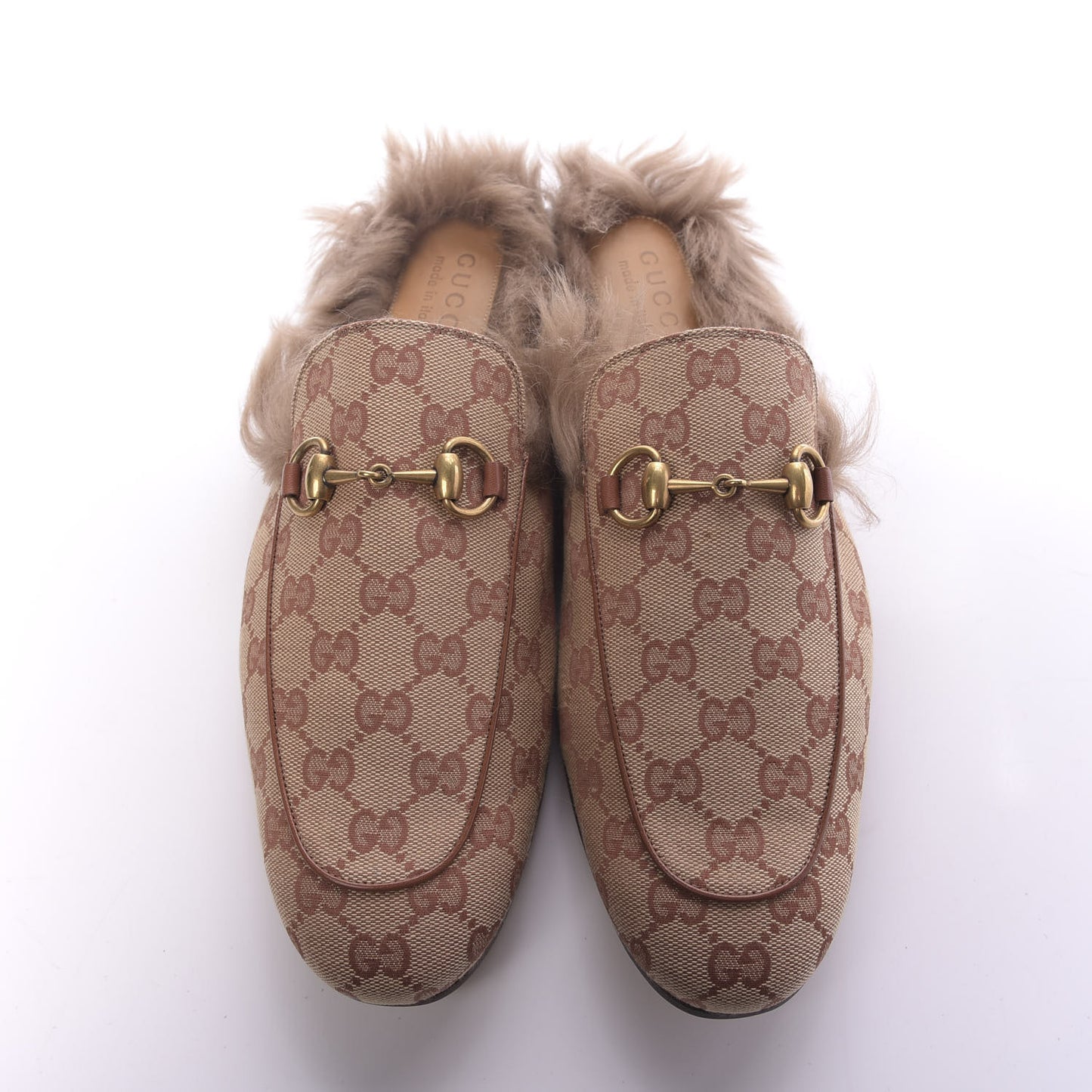 GG Monogram Fur Mens Princetown Slippers 9 Beige Ruggine Rust