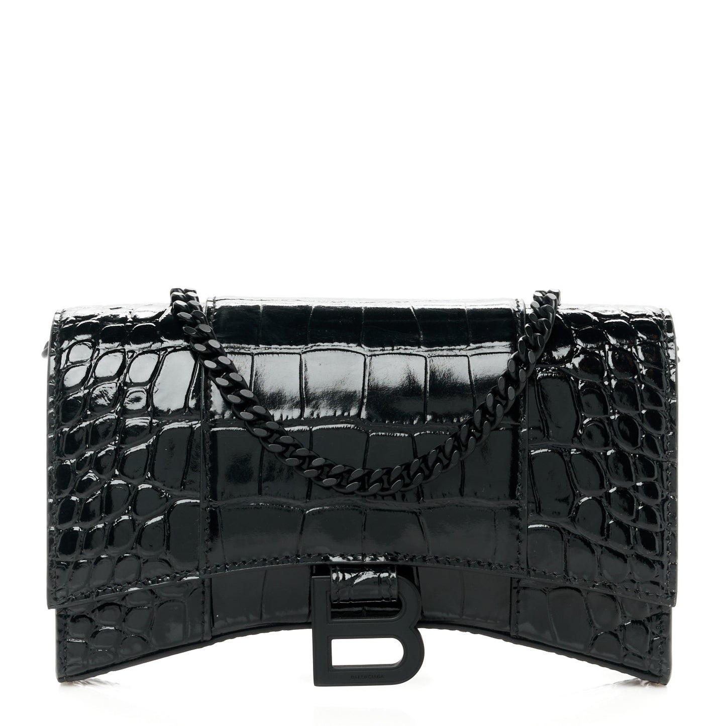 Shiny Calfskin Monochrome Crocodile Embossed Hourglass Chain Bag Black