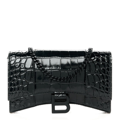 Balenciaga Shiny Calfskin Monochrome Crocodile Embossed Hourglass Chain Bag Black 1 of 11