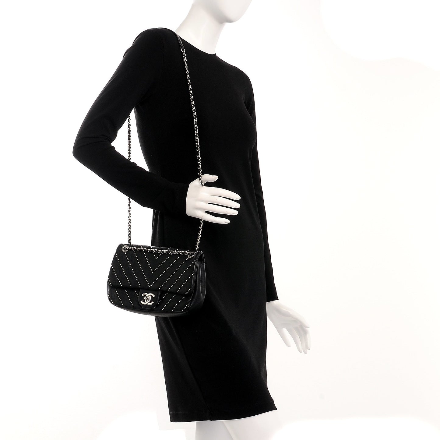 Calfskin Studded Chevron Quilted Wars Flap Black