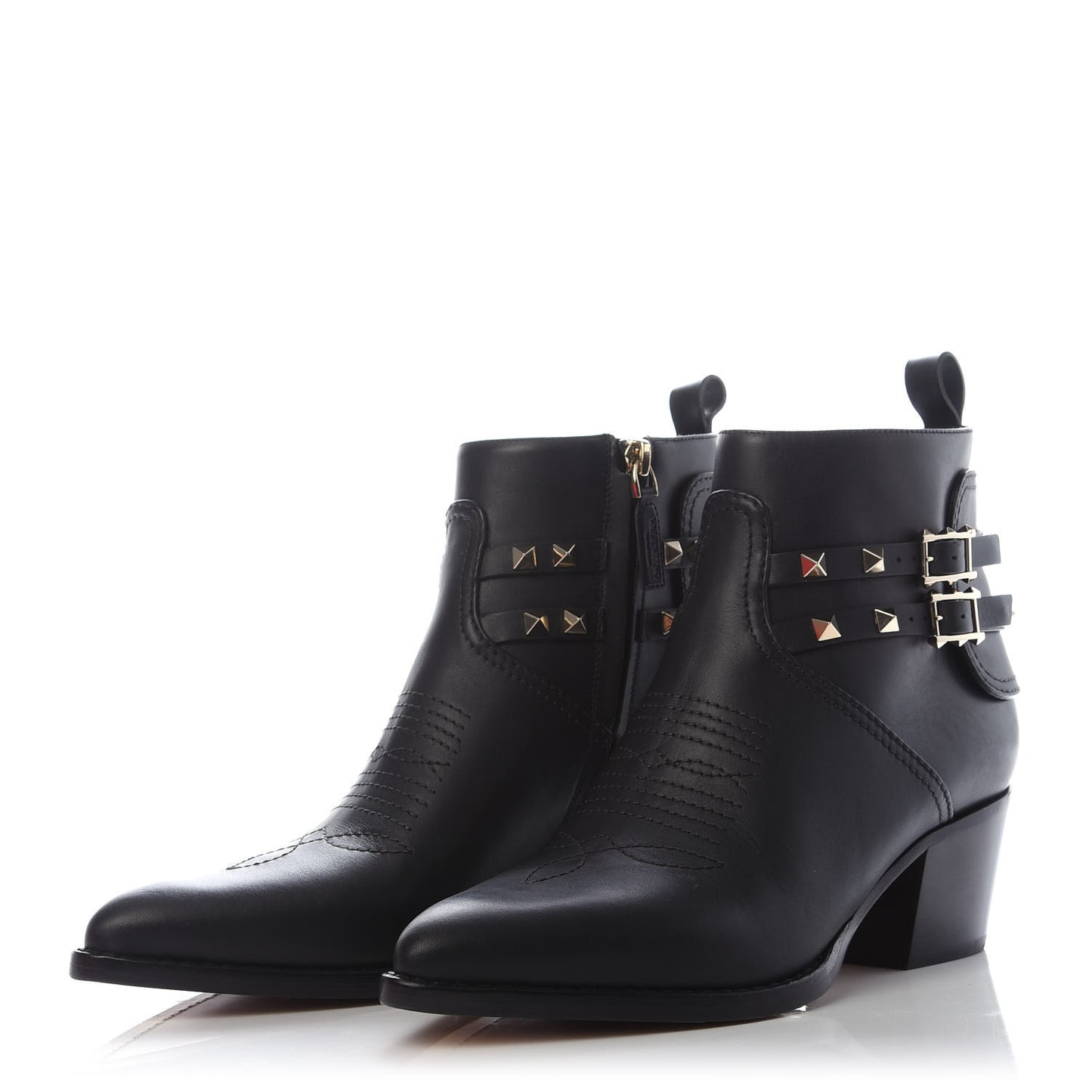 Calfskin Rockstud Double Buckle 50mm Cowboy Ankle Boots 38 Black