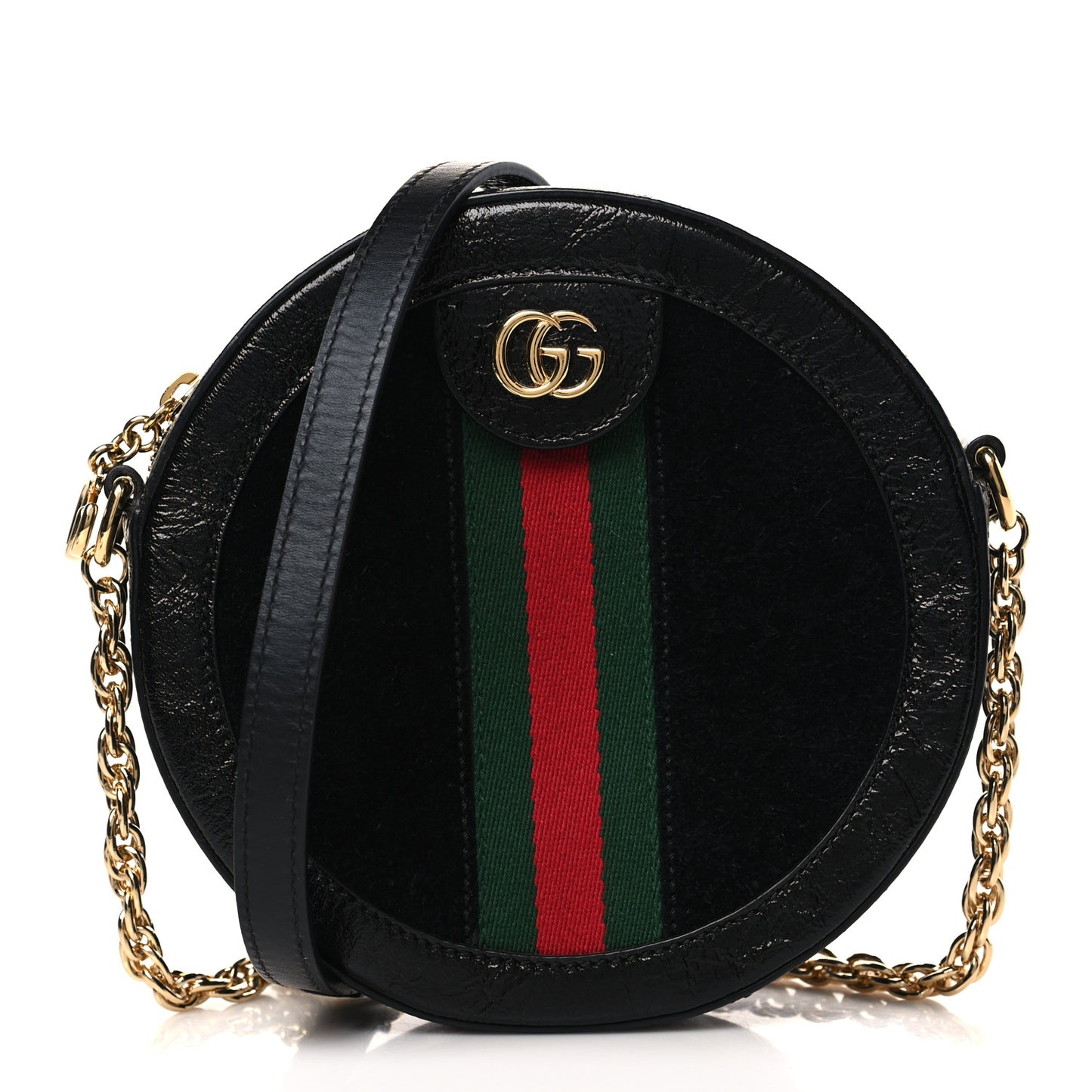 Suede Patent Web Mini Ophidia Round Shoulder Bag Black