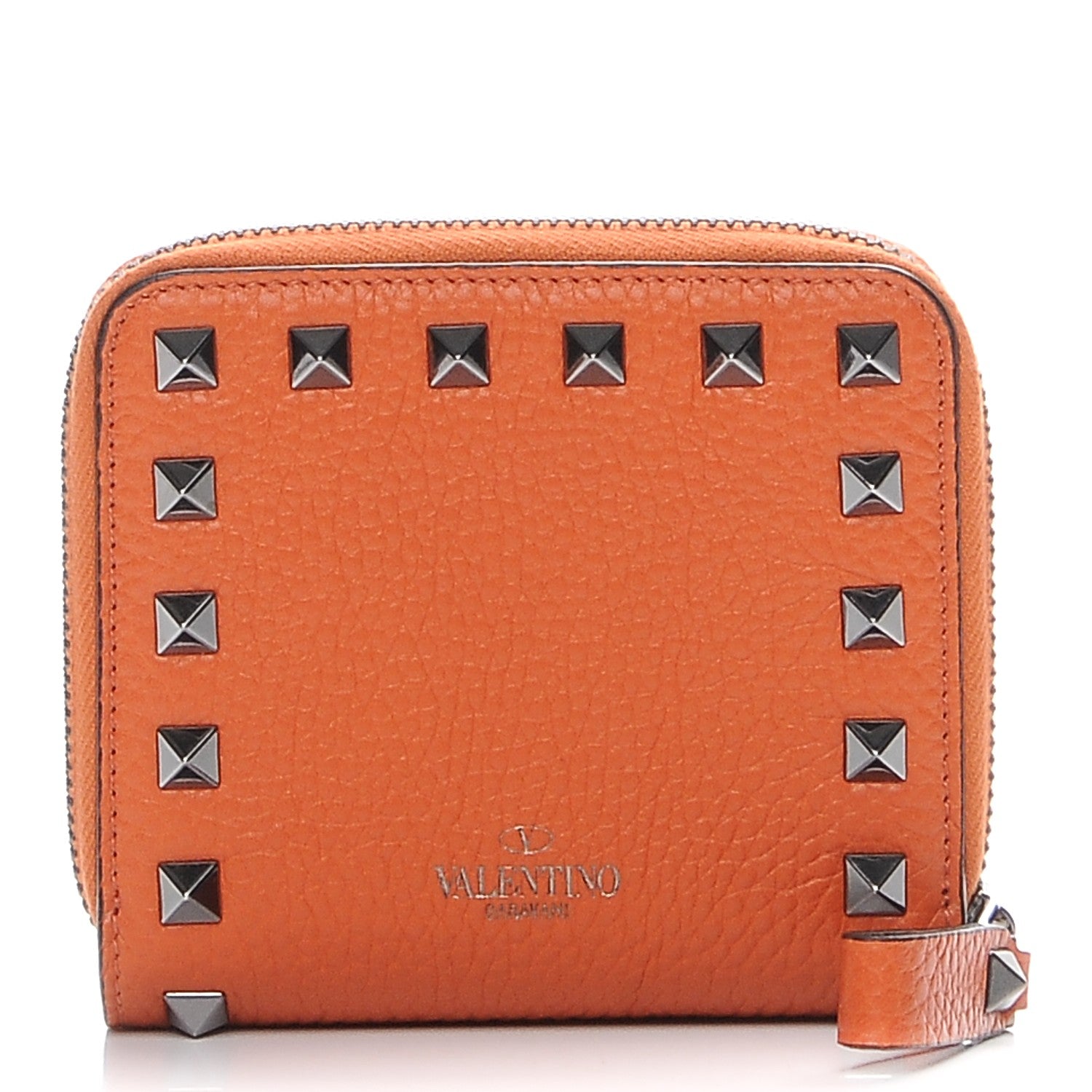 Valentino Garavani Pebbled Calfskin Rockstud Compact Zip Around Wallet Orange 1 of 9