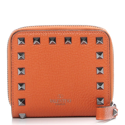 Valentino Garavani Pebbled Calfskin Rockstud Compact Zip Around Wallet Orange 1 of 9