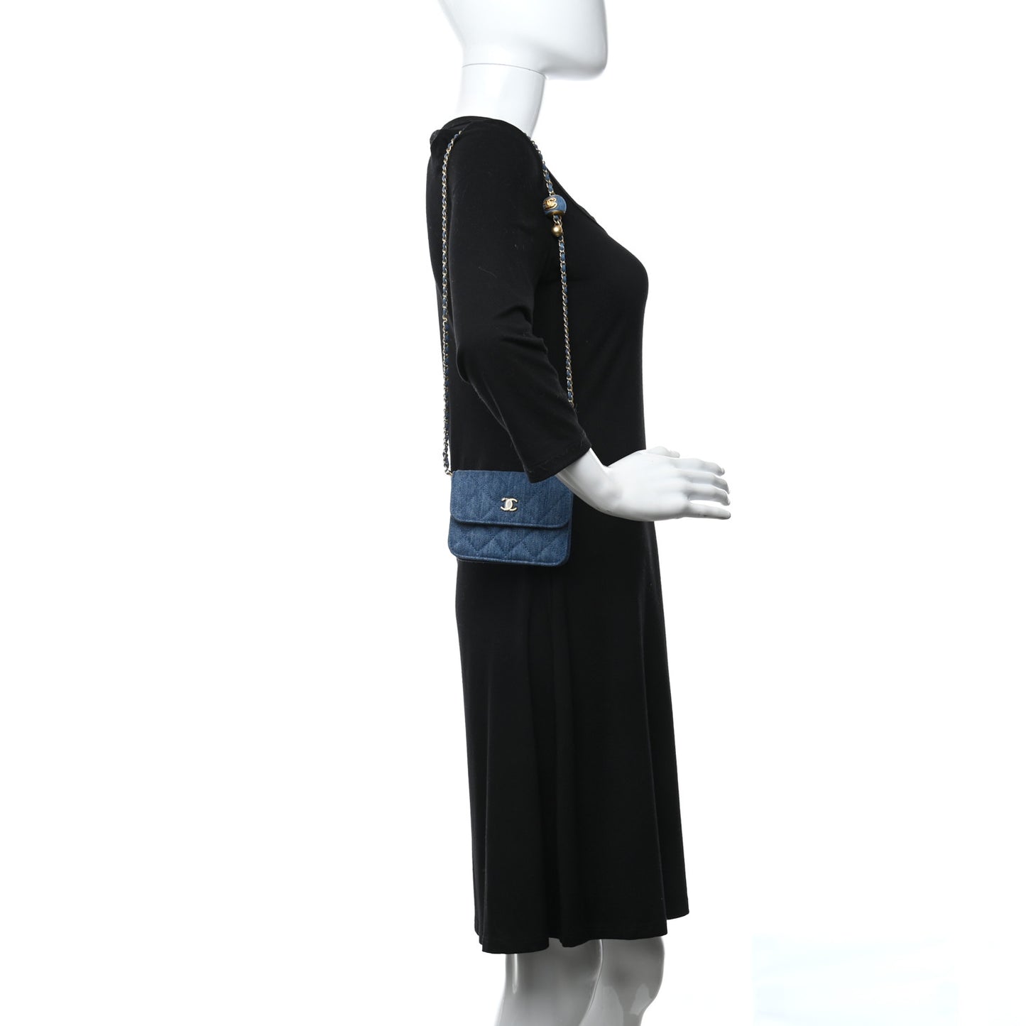 Denim Quilted CC Pearl Crush Clutch With Chain Blue