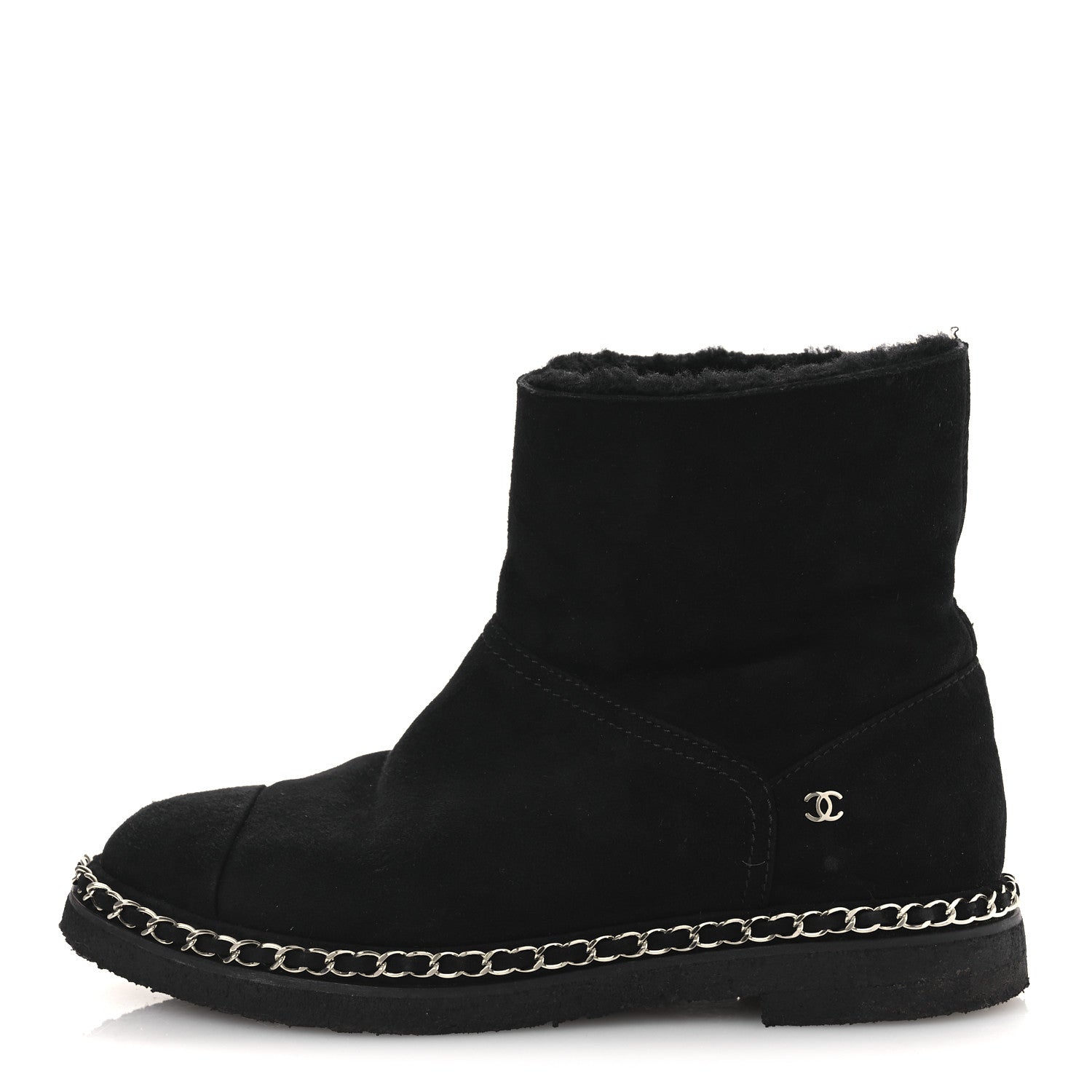 Chanel Kid Suede Shearling Womens Cap Toe Chain Short Boots 38 Black 1 of 13