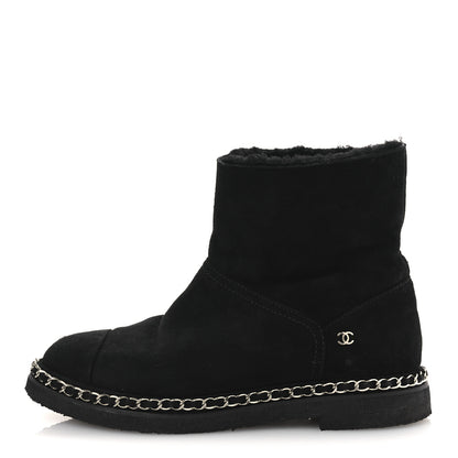 Chanel Kid Suede Shearling Womens Cap Toe Chain Short Boots 38 Black 1 of 13