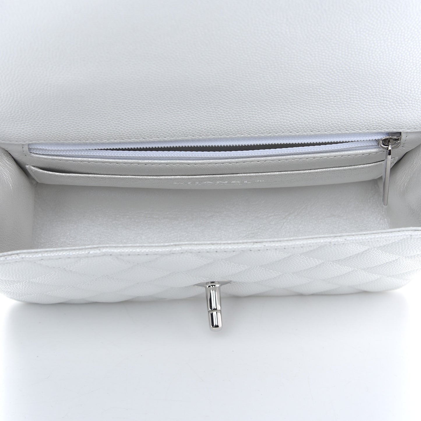 Iridescent Caviar Quilted Mini Top Handle Rectangular Flap White