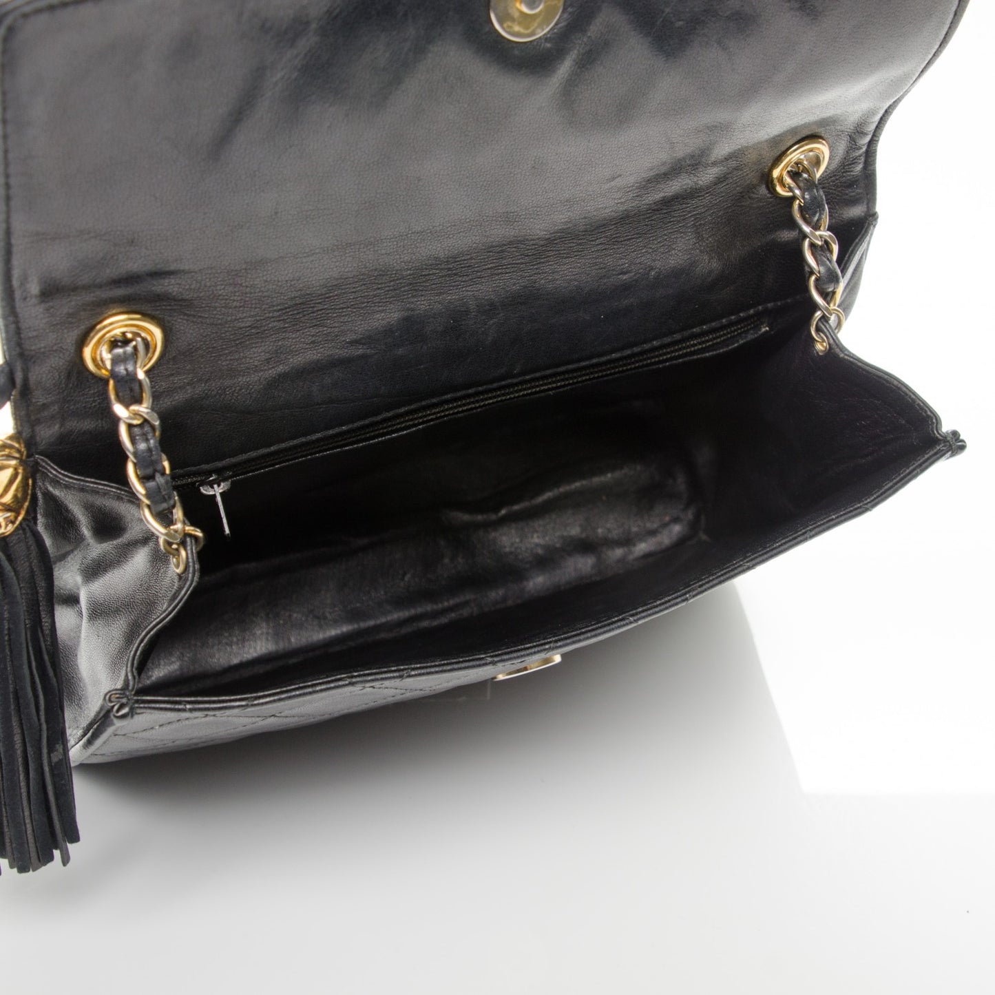 Lambskin Quilted CC Tassel Shoulder Flap Bag Black