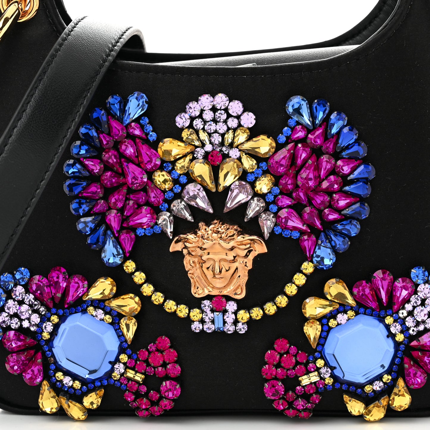 Satin Crystal Embellished La Medusa Mini Hobo Bag Black Multicolor
