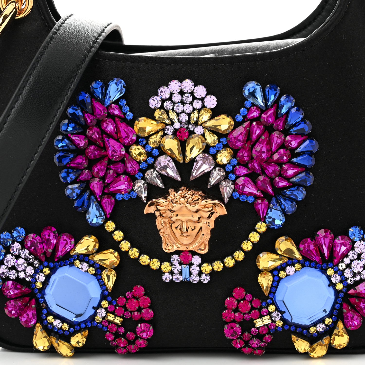 Versace Satin Crystal Embellished La Medusa Mini Hobo Bag Black Multicolor 7 of 9