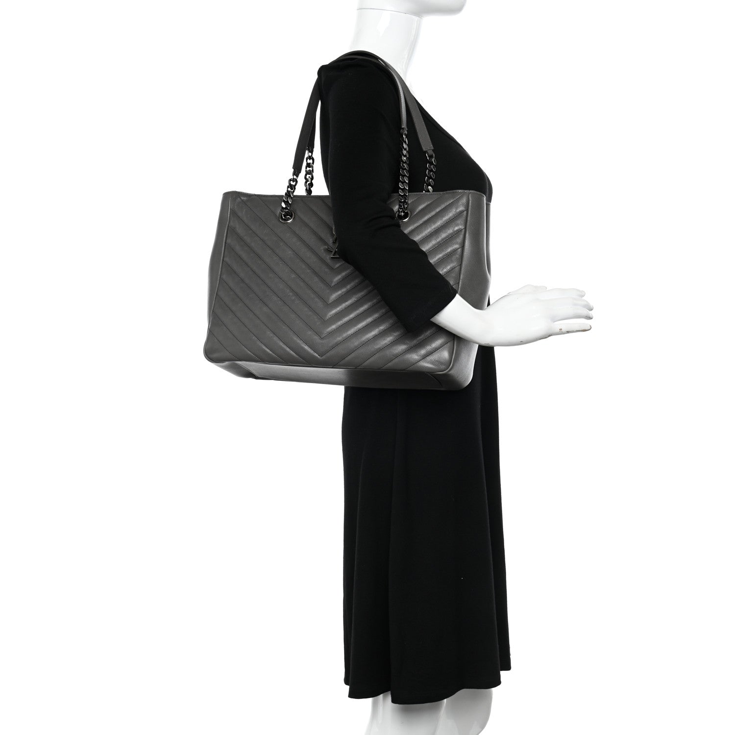 Saint Laurent Sheepskin Matelasse Chevron Large Monogram Shopping Bag Light Coal 2 of 11