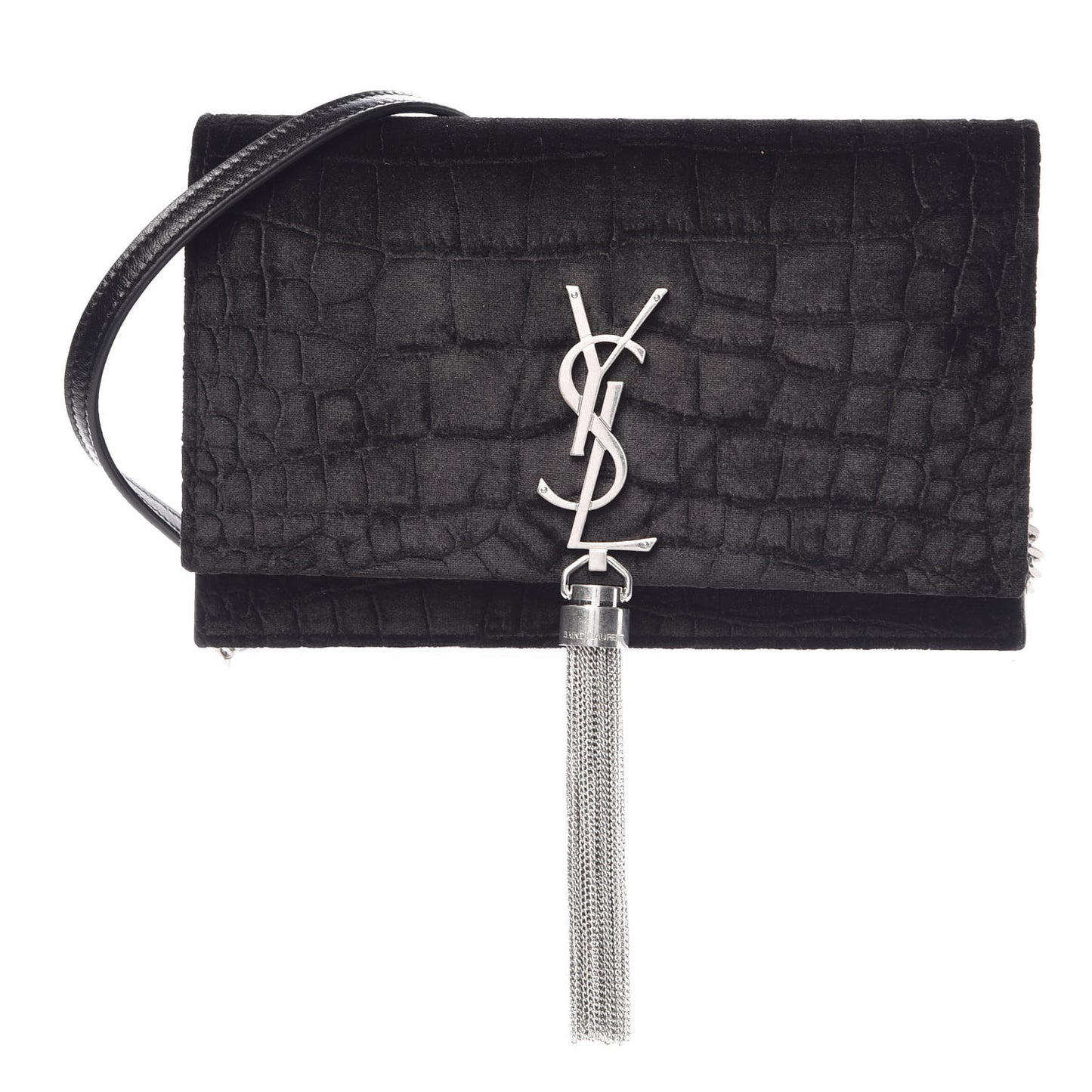 Suede Crocodile Embossed Monogram Tassel Chain Wallet Black Silver