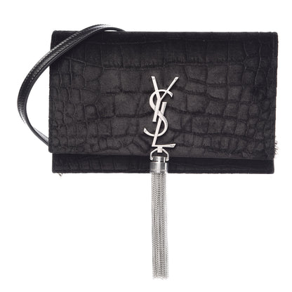 Saint Laurent Suede Crocodile Embossed Monogram Tassel Chain Wallet Black Silver 1 of 8