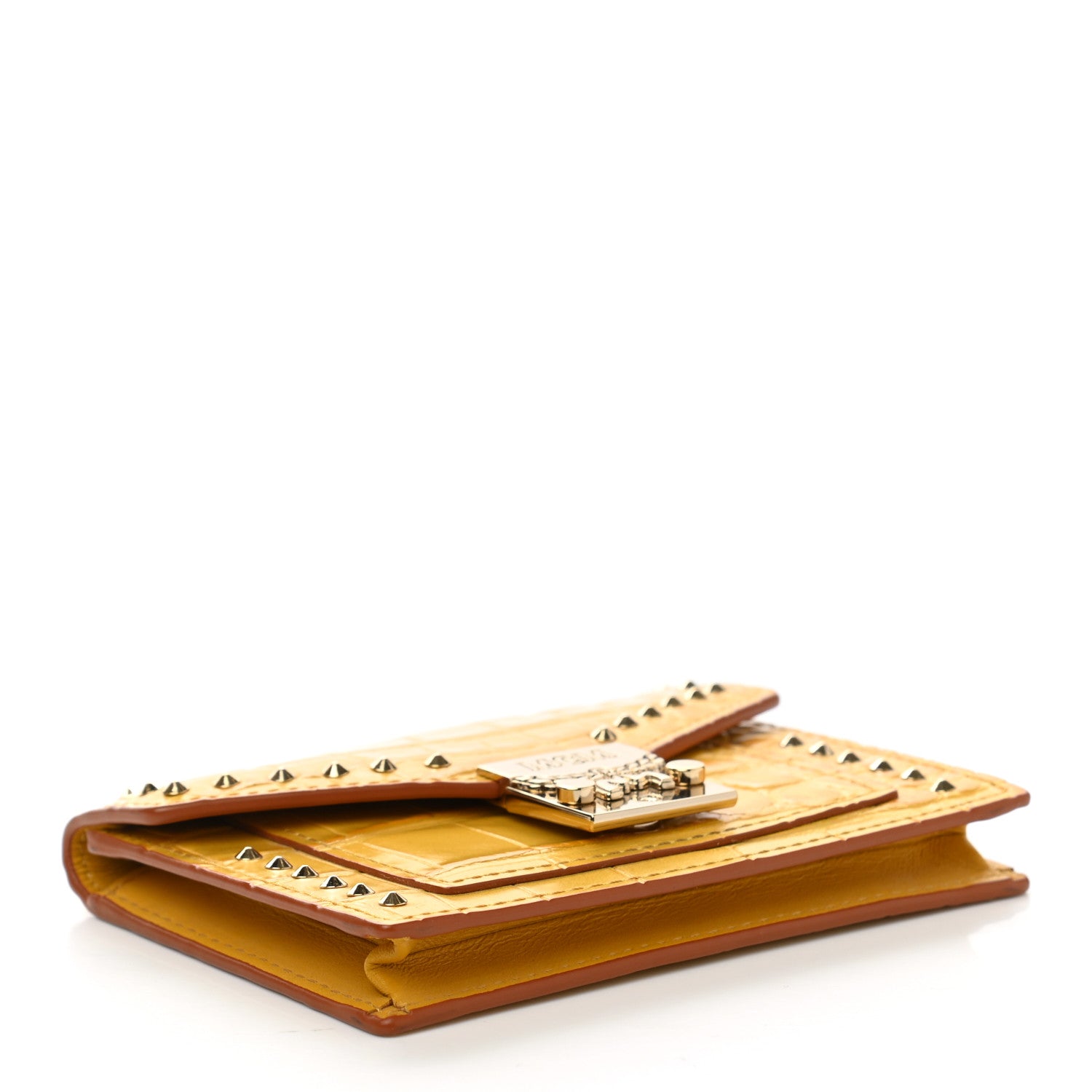 MCM Calfskin Crocodile Embossed Flap Card Holder Golden Mango 4 of 7