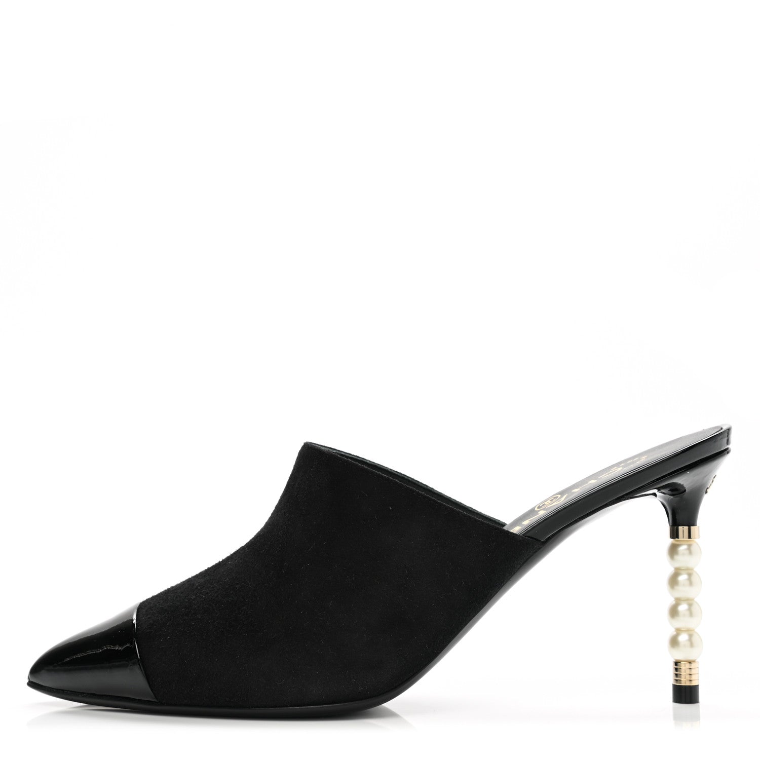 Chanel Suede Patent Calfskin Cap Toe Pearl Mule 38 Black 1 of 9