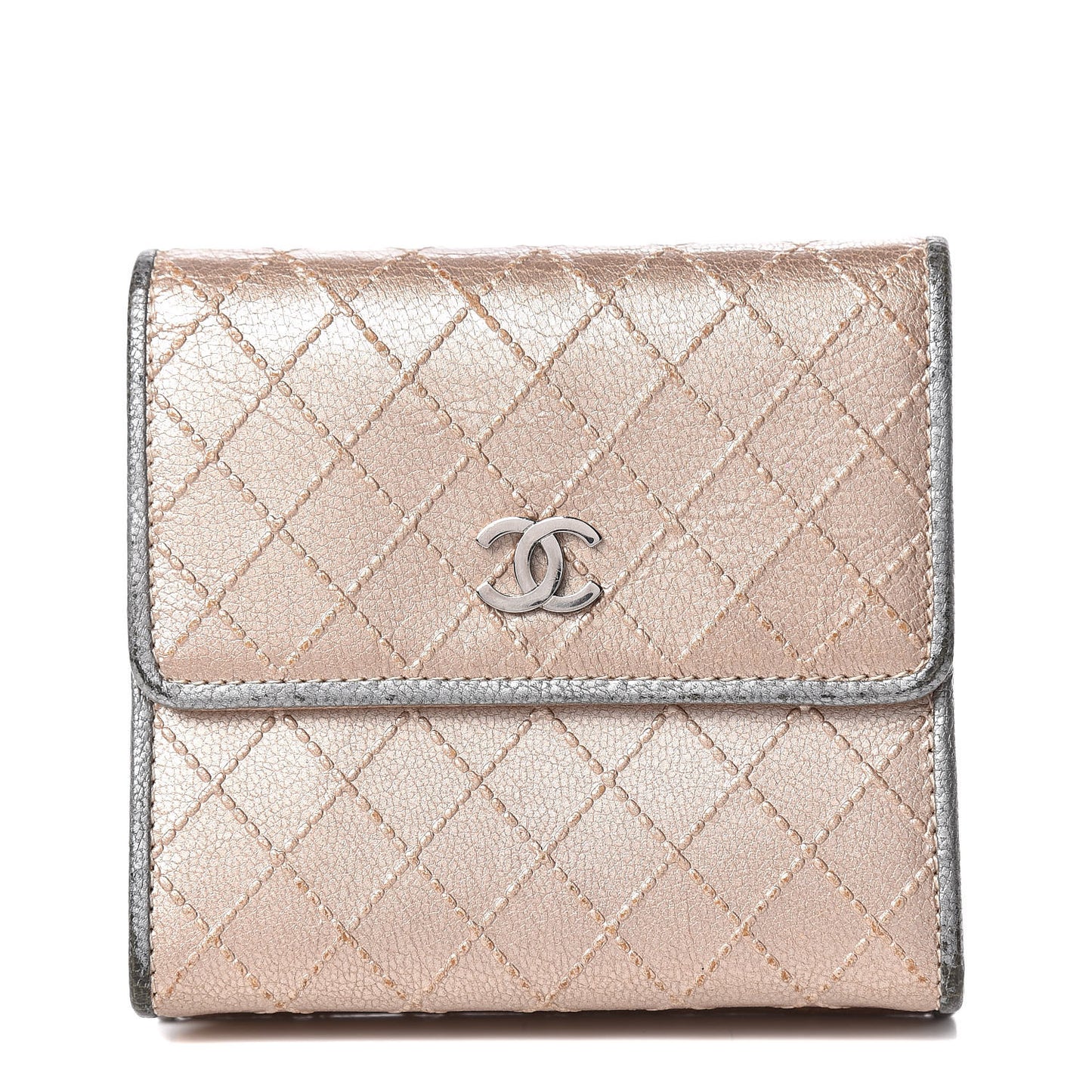Metallic Calfskin Diamond Stitched Card Holder Wallet Gold Silver