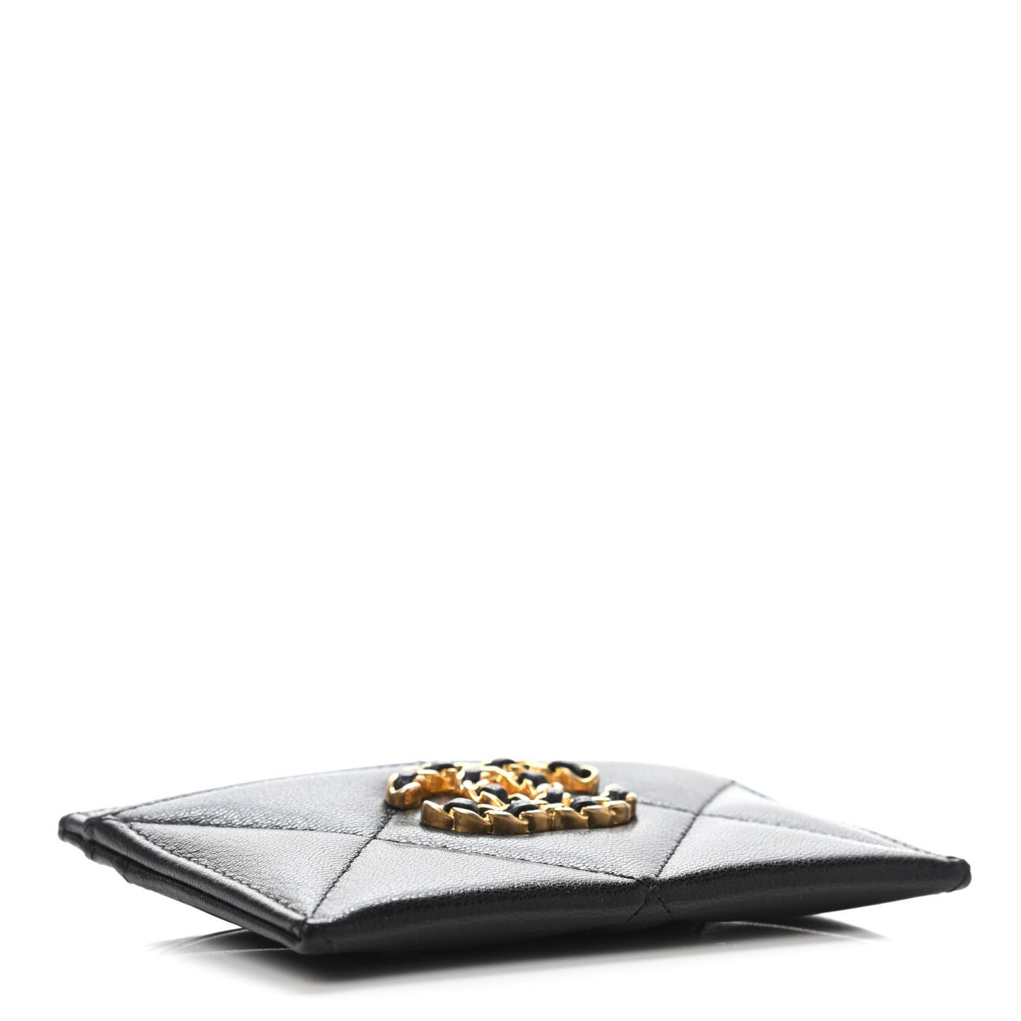 Shiny Goatskin Quilted Chanel 19 Card Holder Black