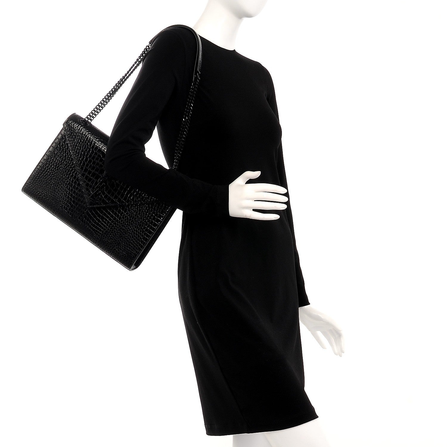 Saint Laurent Calfskin Crocodile Embossed Monogram Large Satchel Black 2 of 7