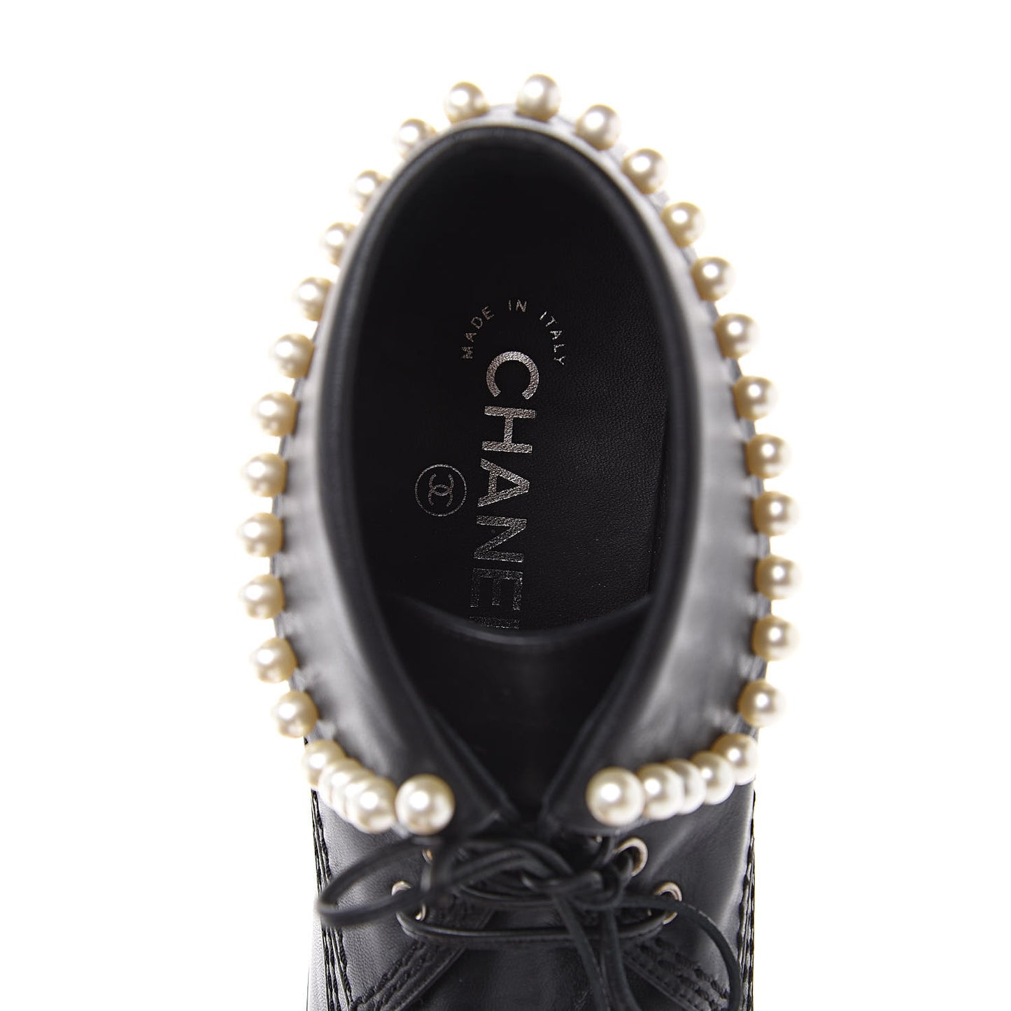 Lambskin Patent Calfskin Pearl Lace Up Boots 39.5 Black