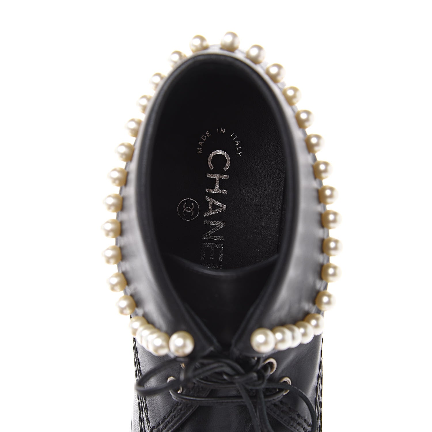 Chanel Lambskin Patent Calfskin Pearl Lace Up Boots 39.5 Black 7 of 11