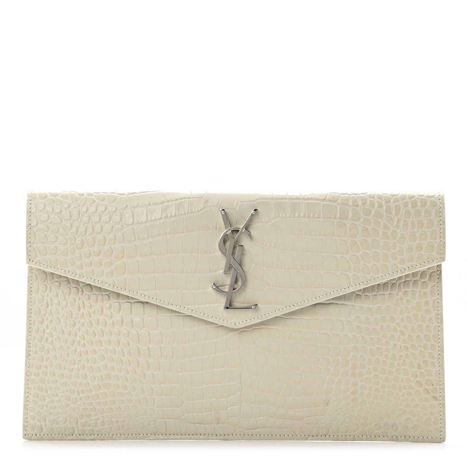 Saint Laurent Calfskin Crocodile Embossed Uptown Monogram Pouch Crema Soft 1 of 7