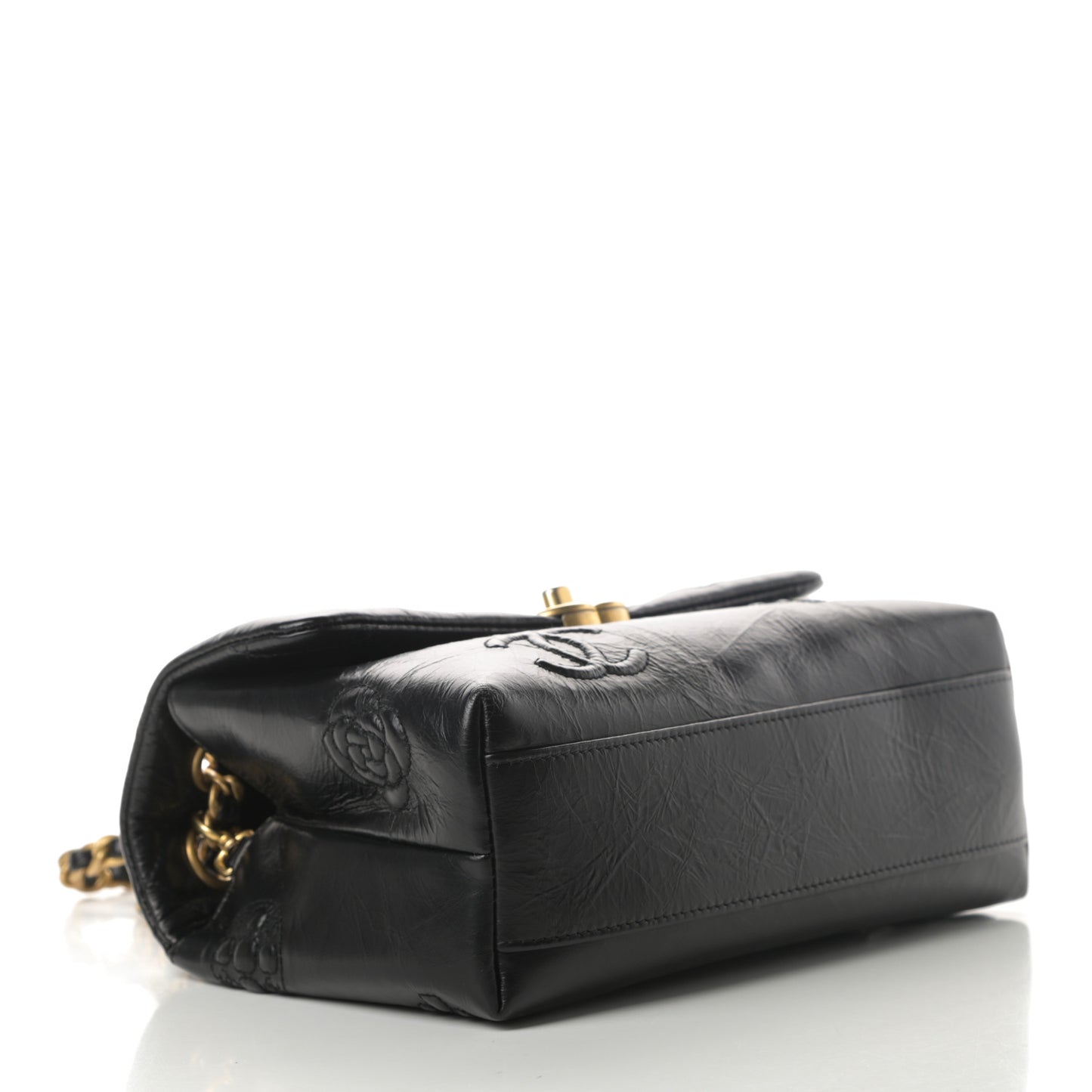 Aged Calfskin Embossed Camellia Flap Black