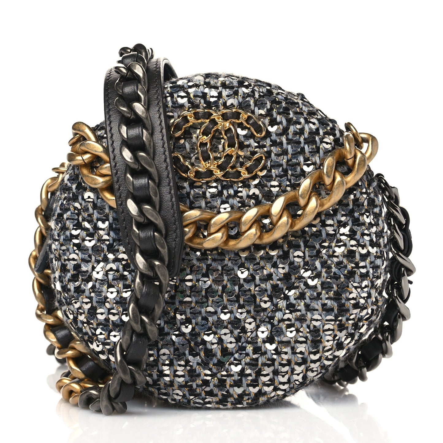 Sequin Chanel 19 Round Clutch With Chain Silver Black